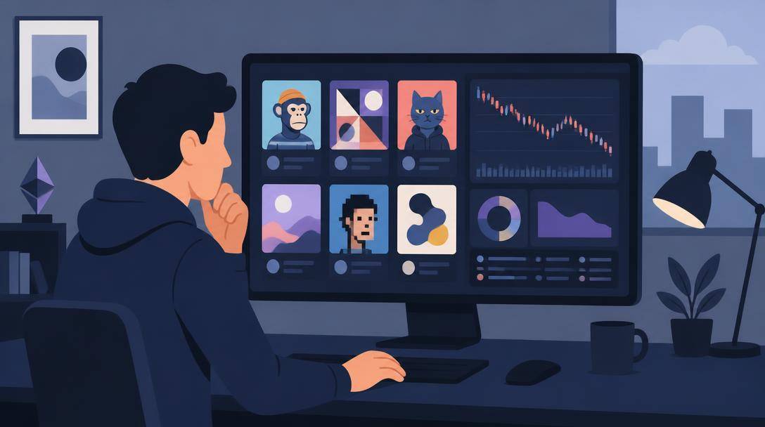 Operatore del mercato NFT che osserva un marketplace di collezionabili digitali sul computer