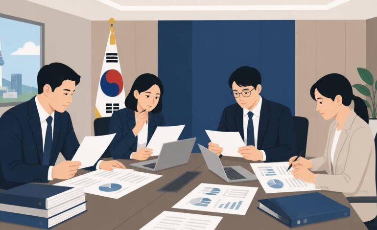 Analisti fiscali che esaminano documentazione sulla tassazione delle criptovalute in Corea del Sud